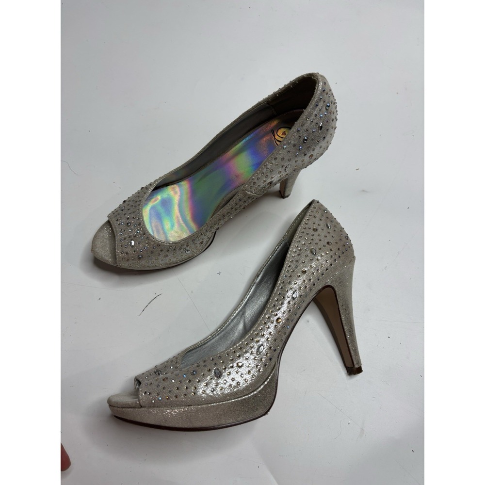 Heart in D Rhinestones Peep Toe High Heels Wedding Dress Pump Glitzy Womens 8.5M